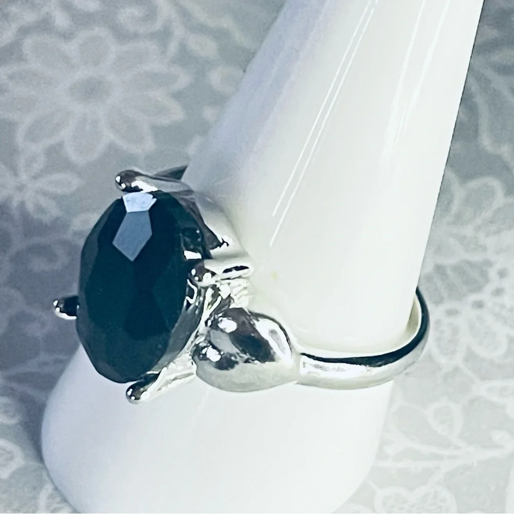 New Black Agate Polished Silver Handmade Oval Cut Heart Gemstone Ring